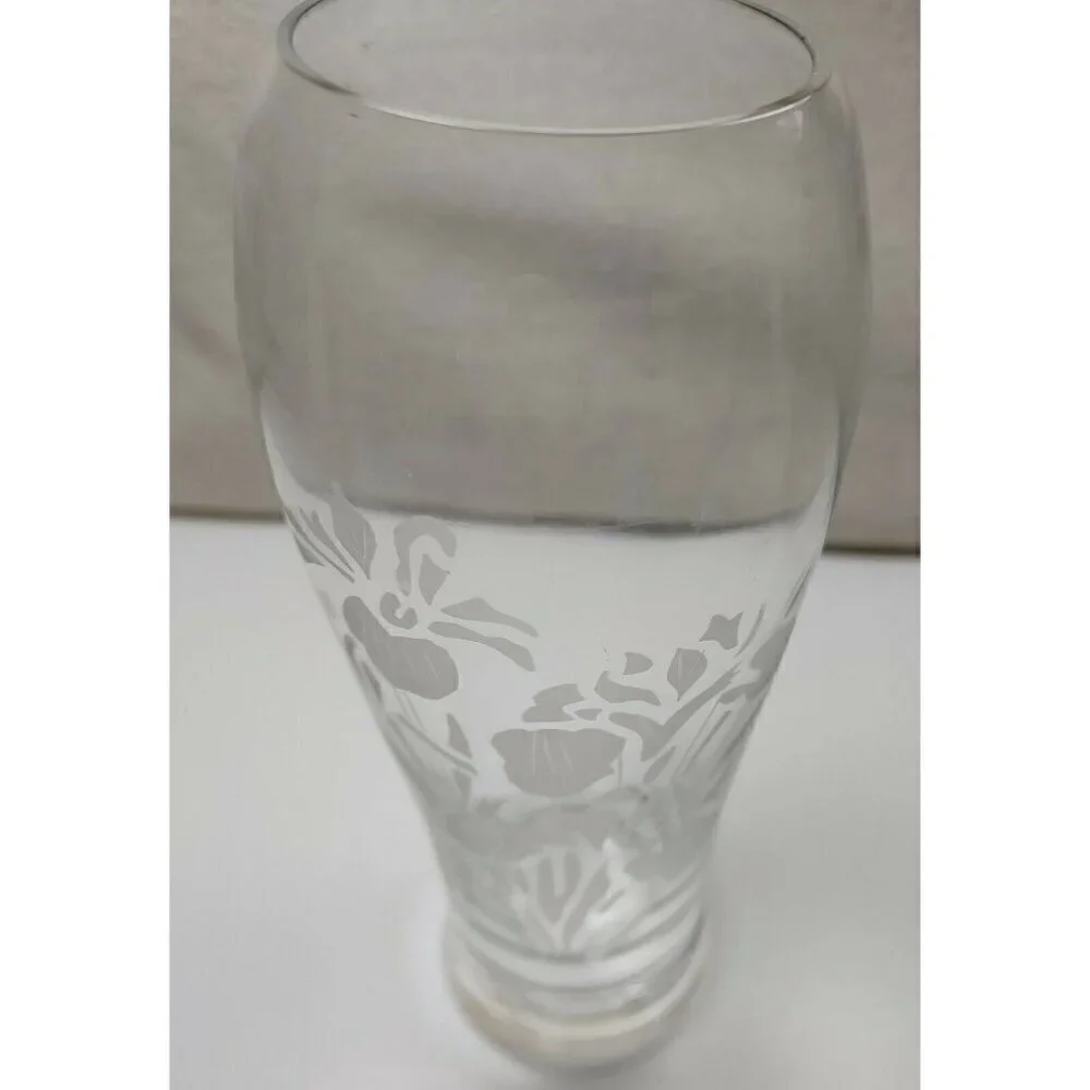 Vintage Etched Iris Floral Pattern Rippled Top Opening Hand Blown Sphere Vase